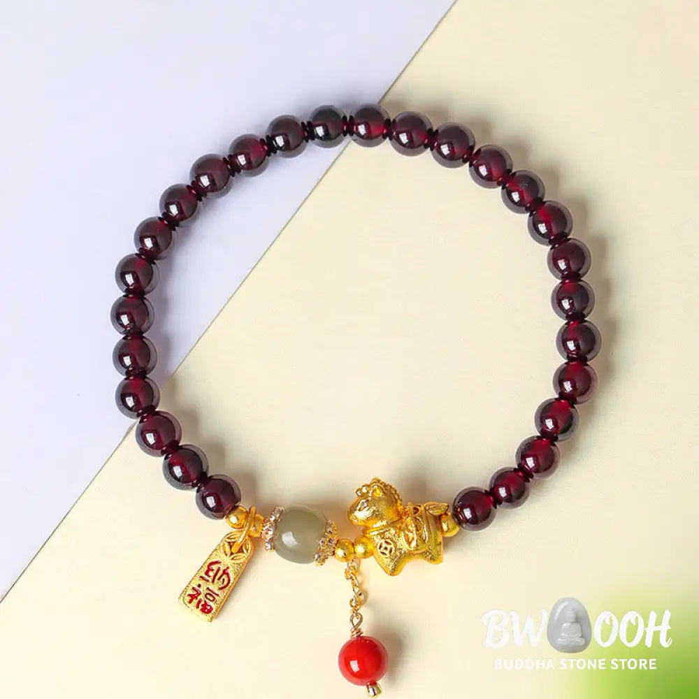 Buddha Stones Year Of The Horse Garnet Fu Character Lucky Fortune Charm Protection Bracelet - Bracelet