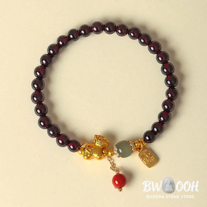 Buddha Stones Year Of The Horse Garnet Fu Character Lucky Fortune Charm Protection Bracelet - Bracelet