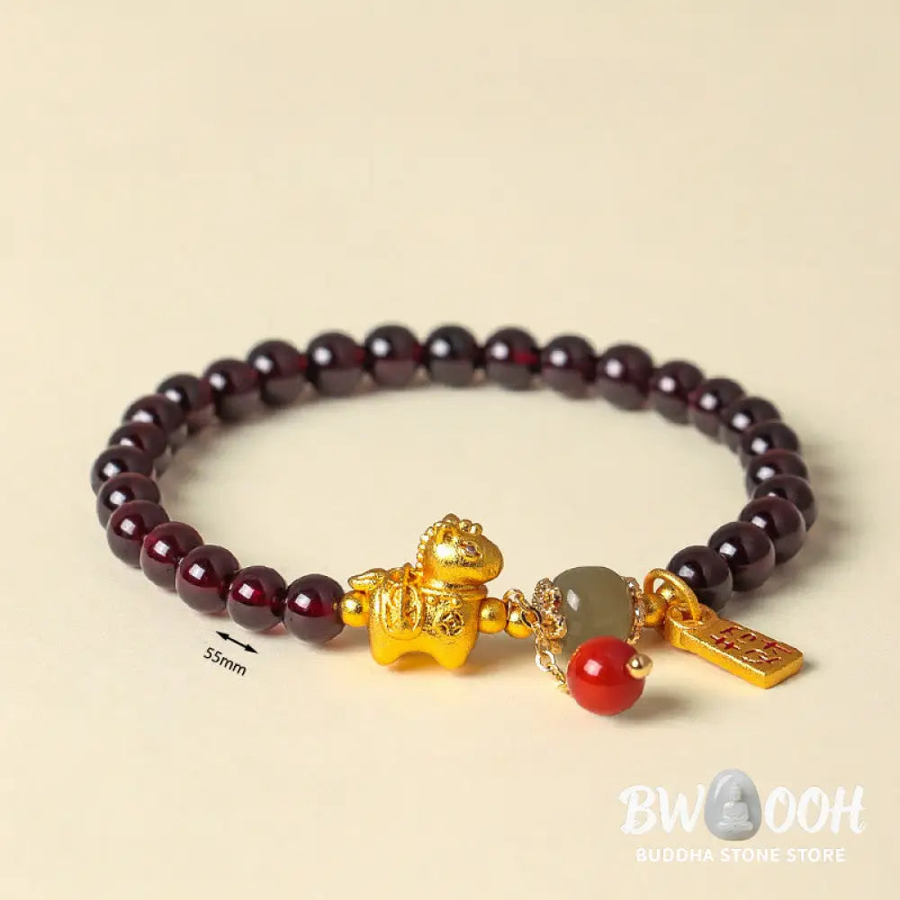Buddha Stones Year Of The Horse Garnet Fu Character Lucky Fortune Charm Protection Bracelet - Bracelet