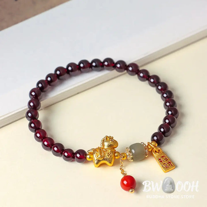 Buddha Stones Year Of The Horse Garnet Fu Character Lucky Fortune Charm Protection Bracelet - Bracelet