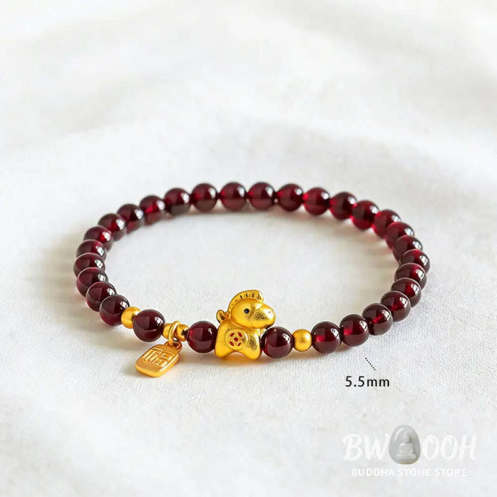 Buddha Stones Year Of The Horse Garnet Fu Character Protection Bracelet - 5.5mm Garnet(Wrist Circumference14-15cm)
