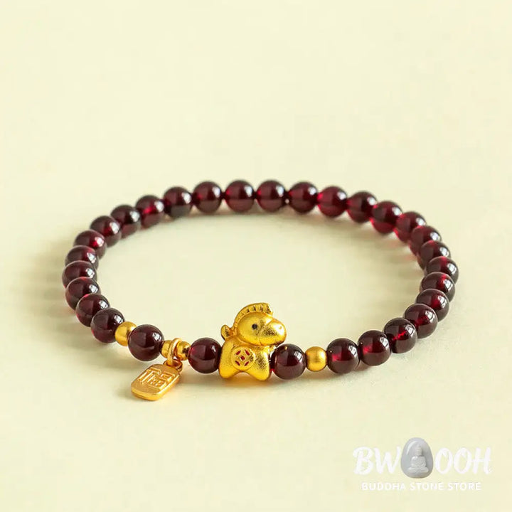 Buddha Stones Year Of The Horse Garnet Fu Character Protection Bracelet - 5.5mm Garnet(Wrist Circumference14-15cm)