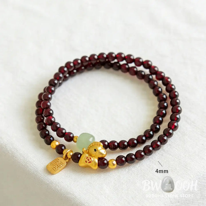 Buddha Stones Year Of The Horse Garnet Jade Fu Character Stability Double Wrap Bracelet - Garnet Jade (Wrist