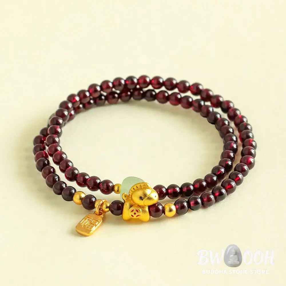 Buddha Stones Year Of The Horse Garnet Jade Fu Character Stability Double Wrap Bracelet - Garnet Jade (Wrist