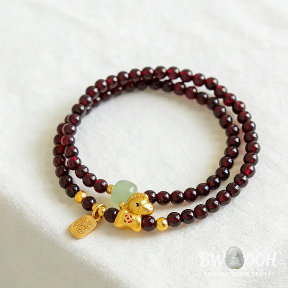 Buddha Stones Year Of The Horse Garnet Jade Fu Character Stability Double Wrap Bracelet - Garnet Jade (Wrist