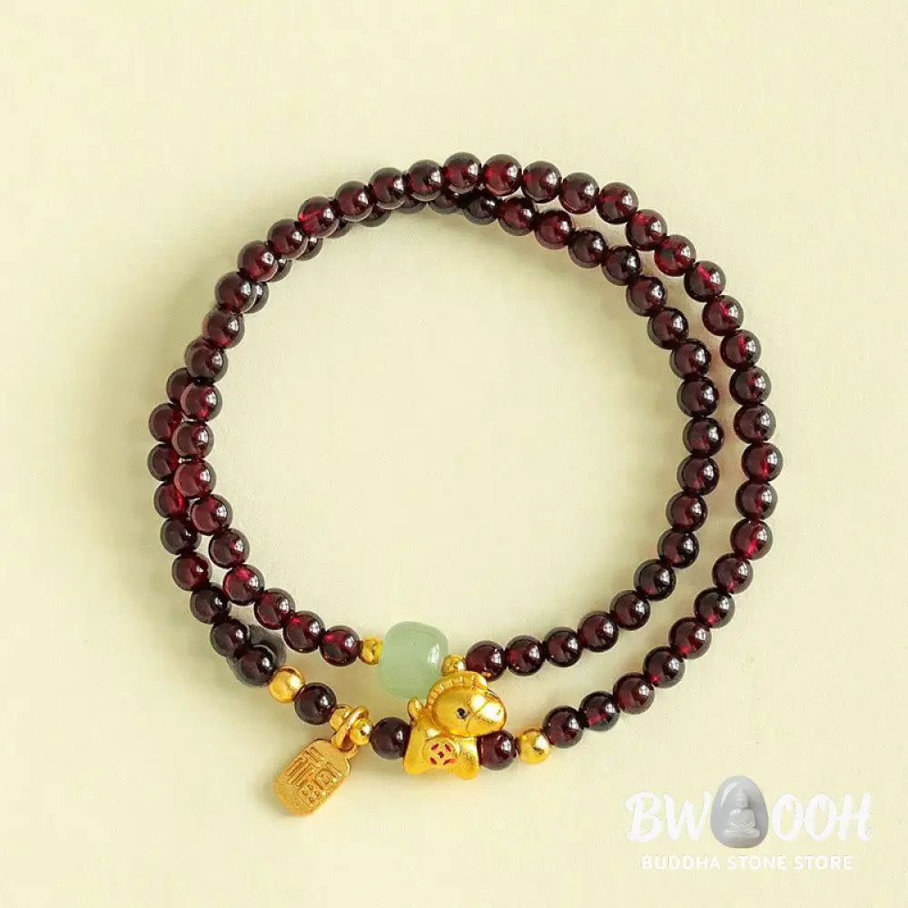 Buddha Stones Year Of The Horse Garnet Jade Fu Character Stability Double Wrap Bracelet - Garnet Jade (Wrist