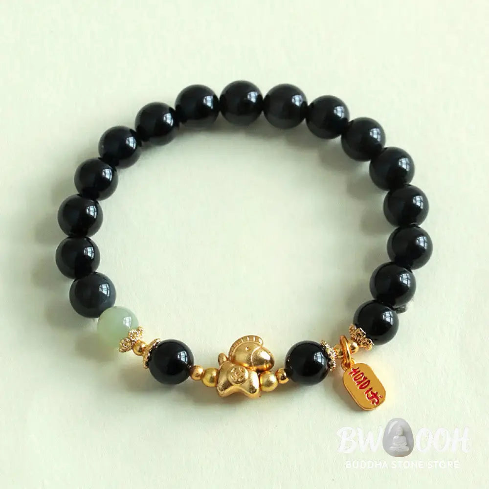 Buddha Stones Year Of The Horse Hetian Jade Black Obsidian Red Agate Strength Bracelet - Bracelet