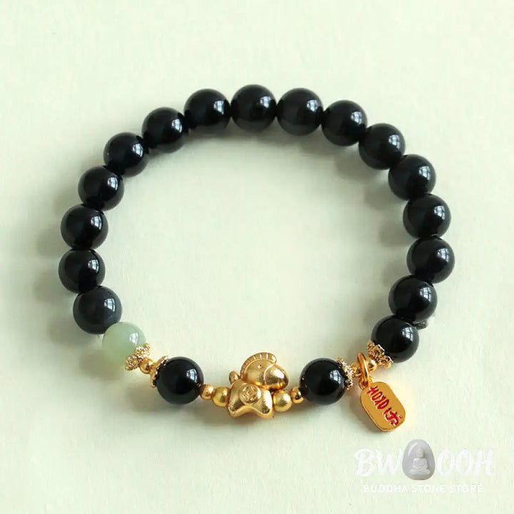 Buddha Stones Year Of The Horse Hetian Jade Black Obsidian Red Agate Strength Bracelet - Bracelet