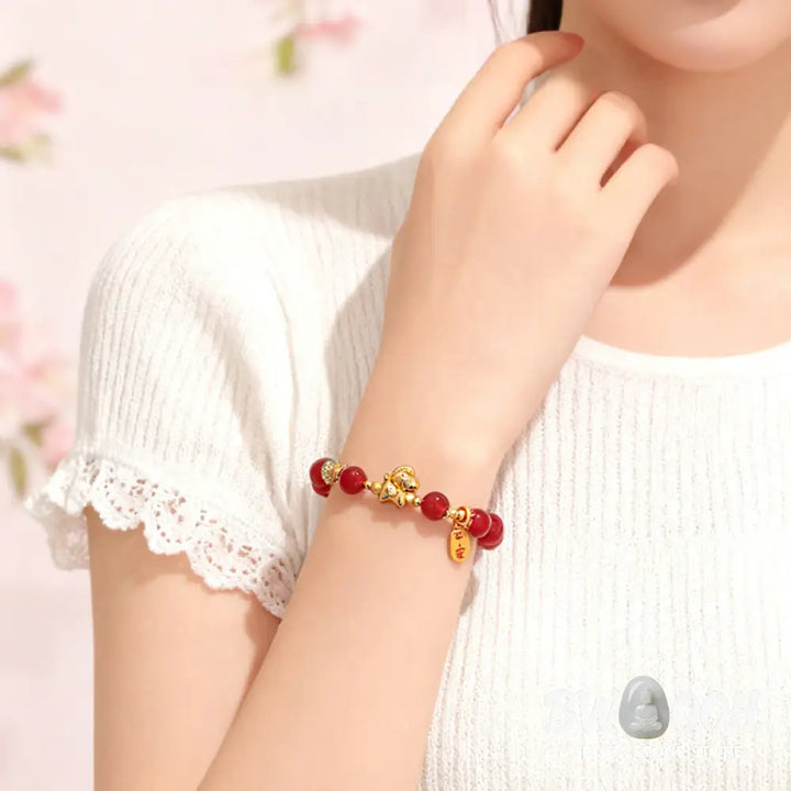 Buddha Stones Year Of The Horse Hetian Jade Black Obsidian Red Agate Strength Bracelet - Bracelet