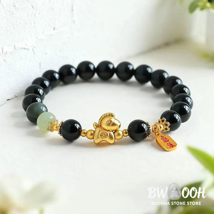 Buddha Stones Year Of The Horse Hetian Jade Black Obsidian Red Agate Strength Bracelet - Bracelet