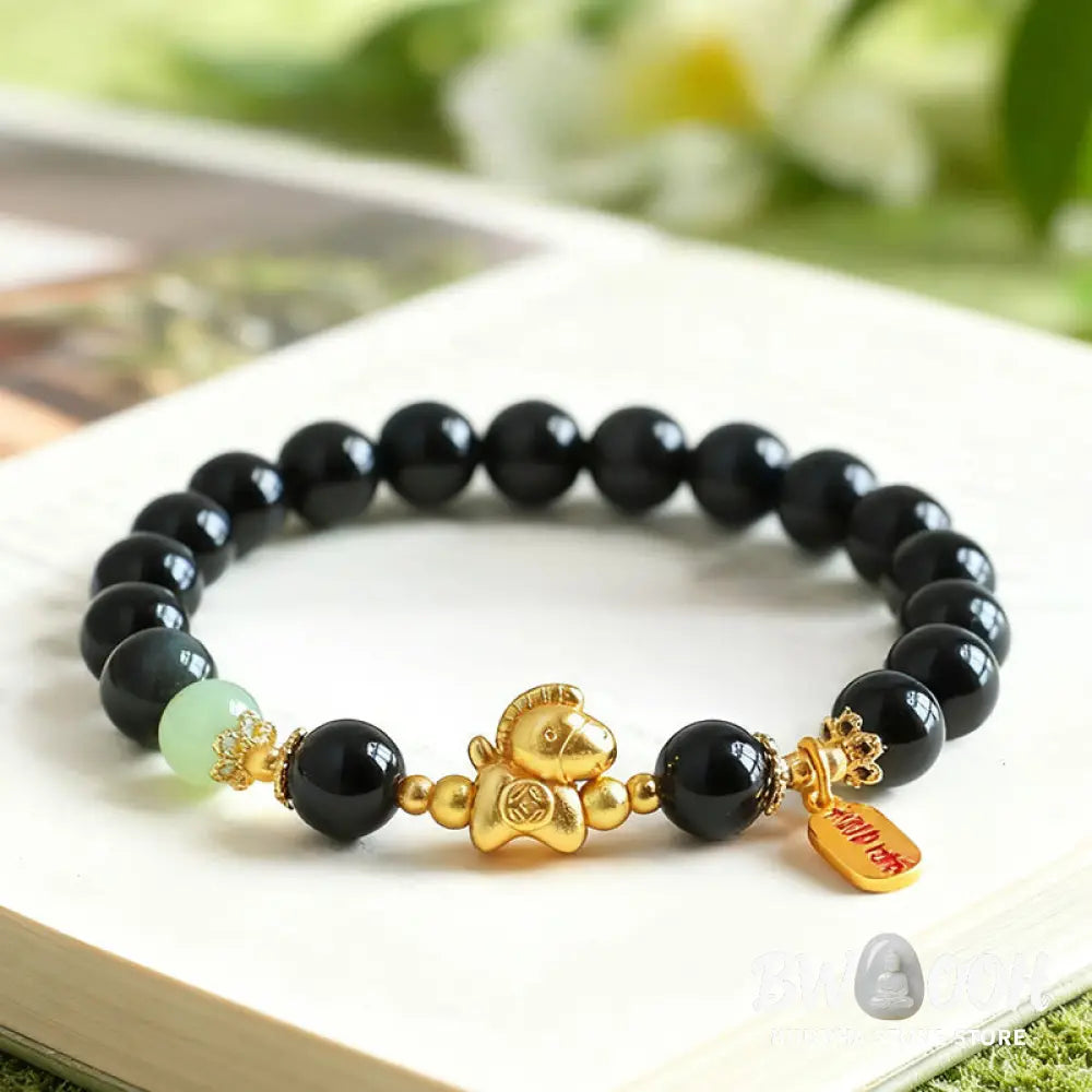Buddha Stones Year Of The Horse Hetian Jade Black Obsidian Red Agate Strength Bracelet - Bracelet
