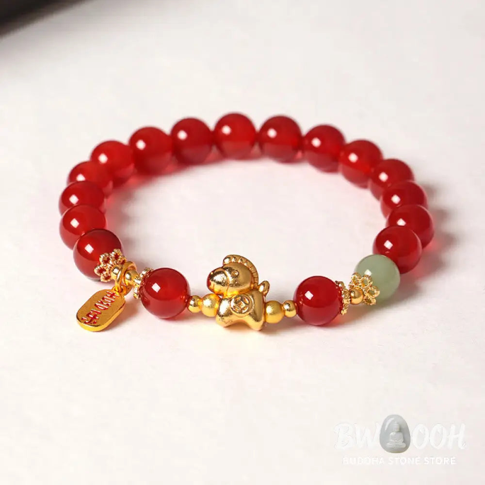 Buddha Stones Year Of The Horse Hetian Jade Black Obsidian Red Agate Strength Bracelet - Bracelet