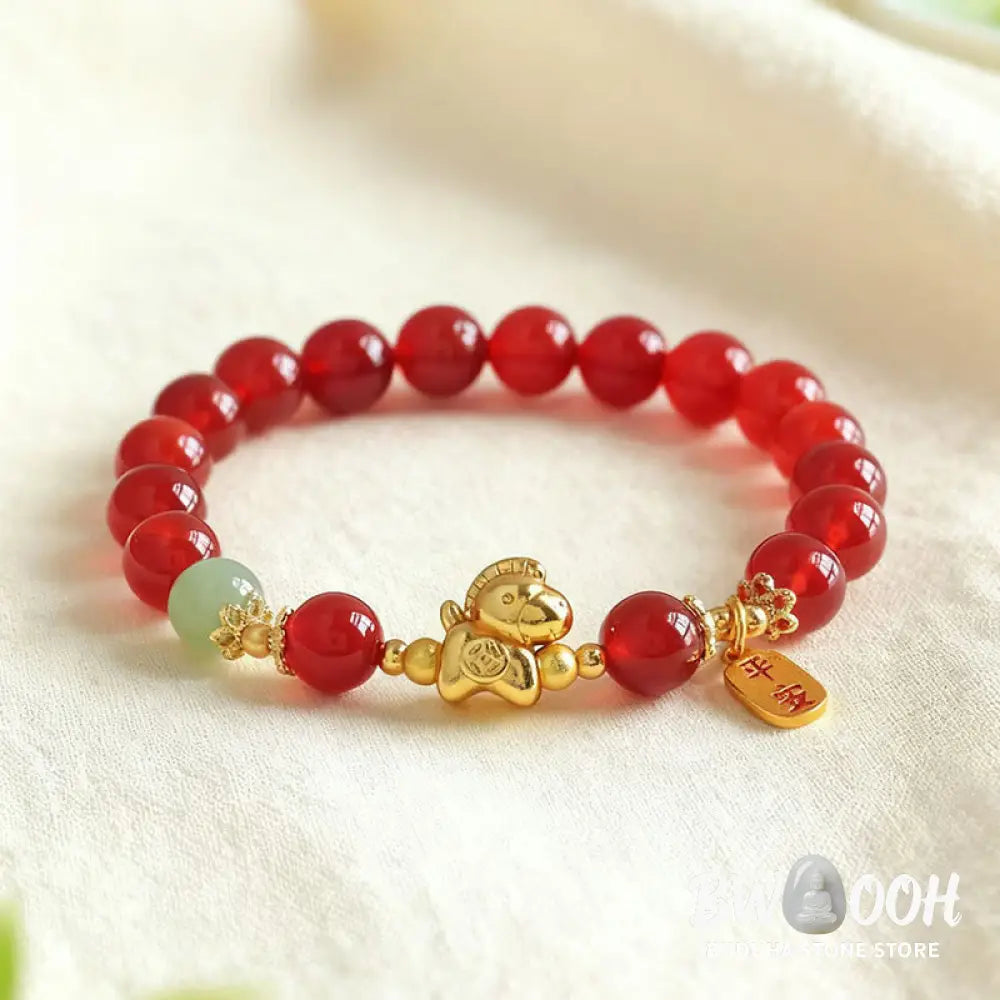 Buddha Stones Year Of The Horse Hetian Jade Black Obsidian Red Agate Strength Bracelet - Bracelet