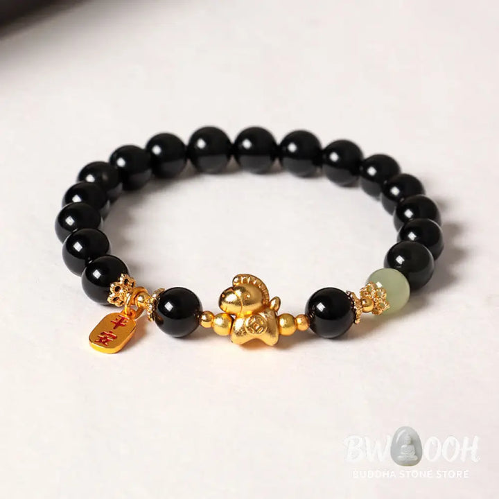 Buddha Stones Year Of The Horse Hetian Jade Black Obsidian Red Agate Strength Bracelet - Bracelet