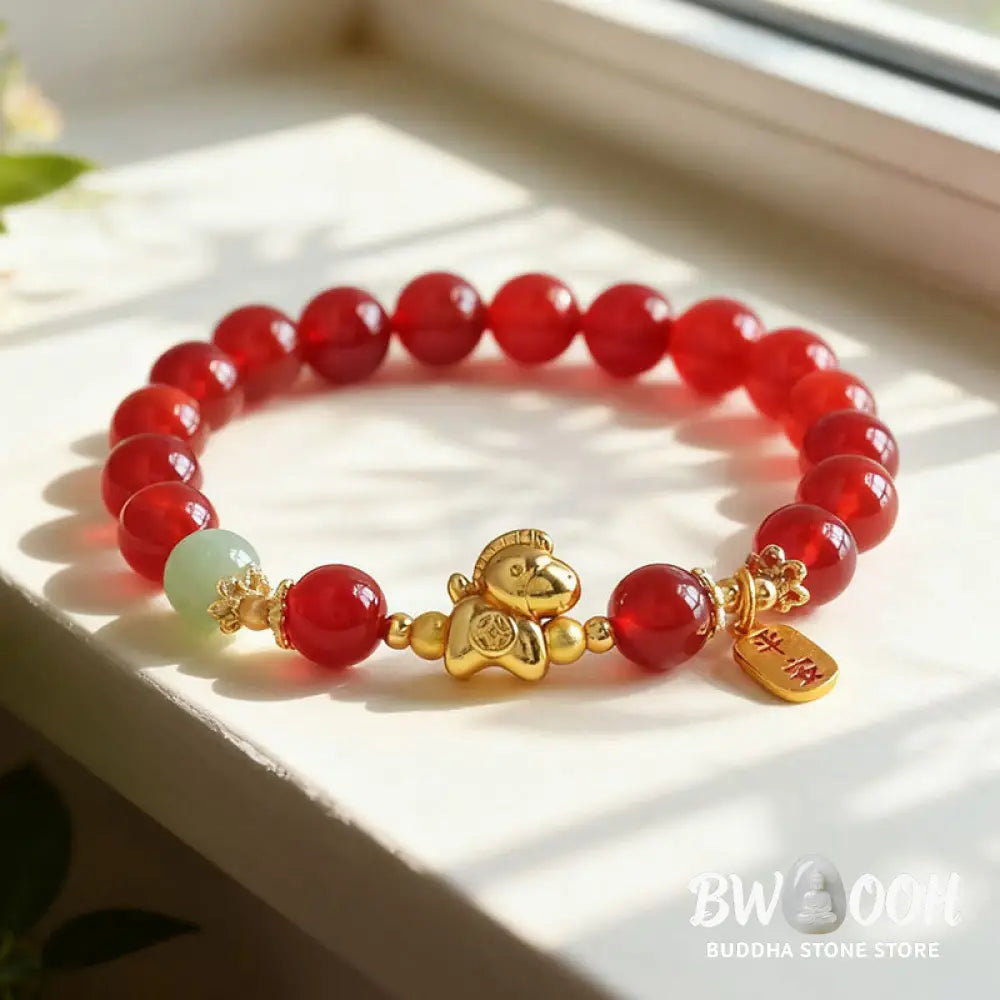 Buddha Stones Year Of The Horse Hetian Jade Black Obsidian Red Agate Strength Bracelet - Bracelet