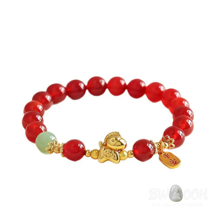Buddha Stones Year Of The Horse Hetian Jade Black Obsidian Red Agate Strength Bracelet - Bracelet