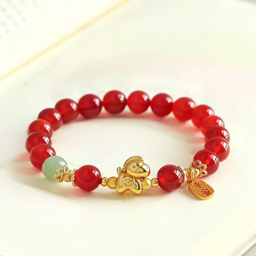 Buddha Stones Year Of The Horse Hetian Jade Black Obsidian Red Agate Strength Bracelet - Red Agate(Wrist
