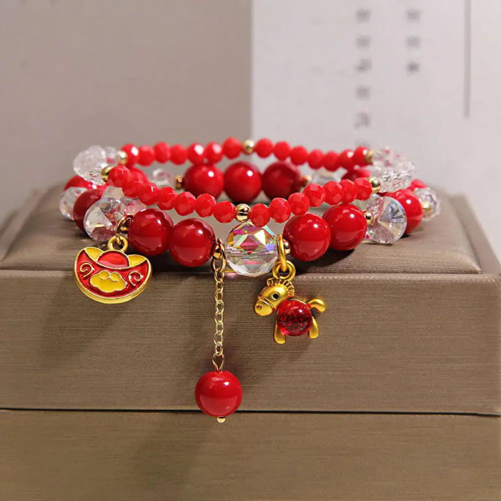 Buddha Stones Year Of The Horse Ingot Prosperity 2Pcs Bracelet - 2Pcs Ingot Horse(Wrist Circumference: 14-15 cm)