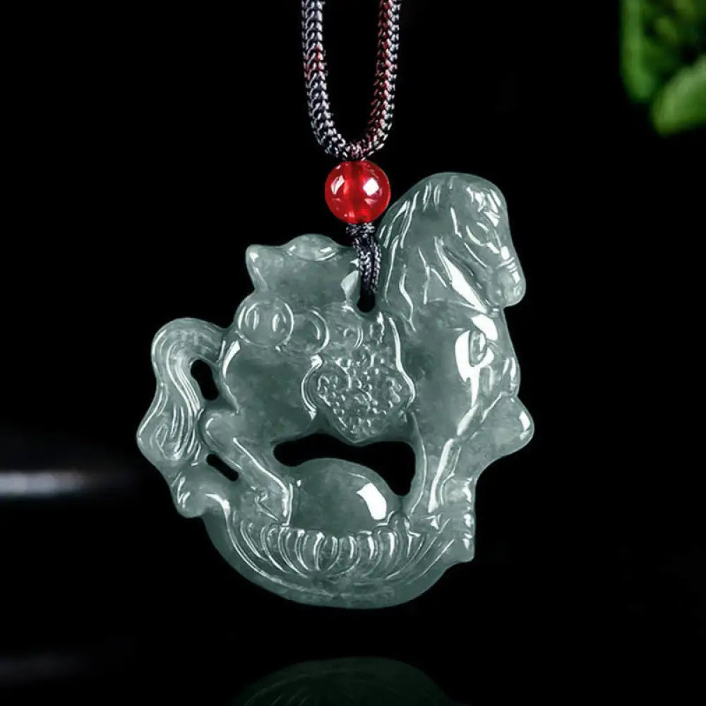 Buddha Stones Year of the Horse Jade Ingot Luck Prosperity Rope Necklace Pendant - BWOOOH - Horse - Necklaces & Pendants