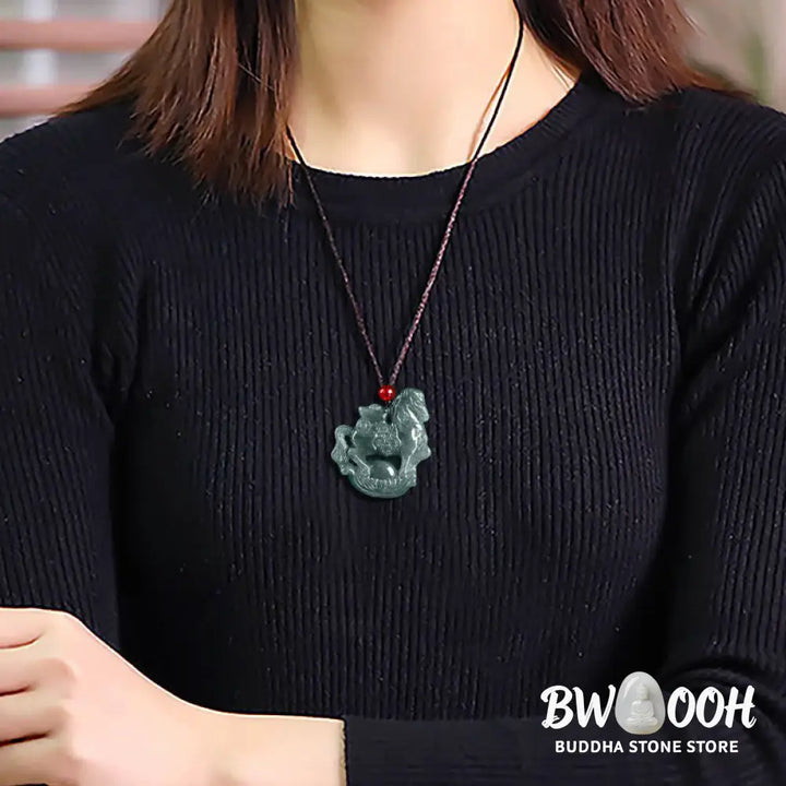Buddha Stones Year of the Horse Jade Ingot Luck Prosperity Rope Necklace Pendant - BWOOOH - Horse - Necklaces &amp; Pendants