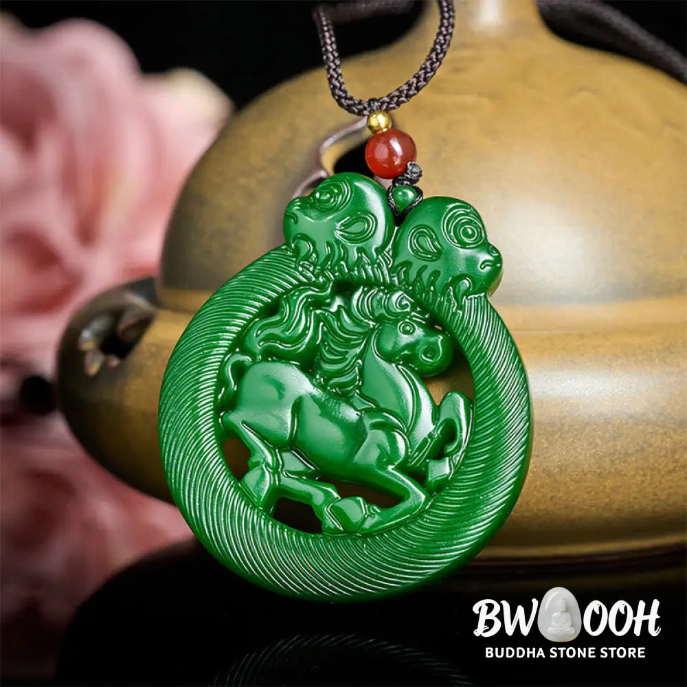 Buddha Stones Year Of The Horse Jade Prosperity Hollow Necklace Pendants - BWOOOH - Jade - Necklaces &amp; Pendants