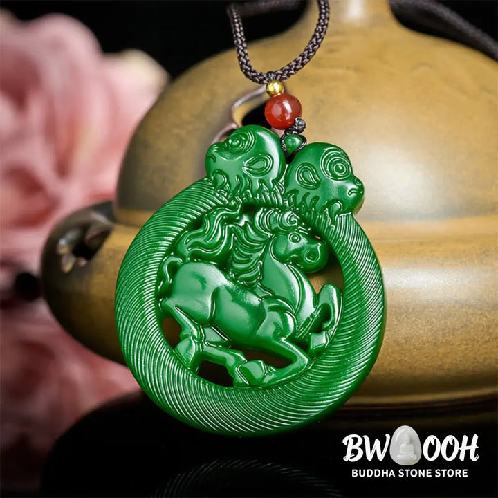 Buddha Stones Year Of The Horse Jade Prosperity Hollow Necklace Pendants - BWOOOH - Jade - Necklaces &amp; Pendants