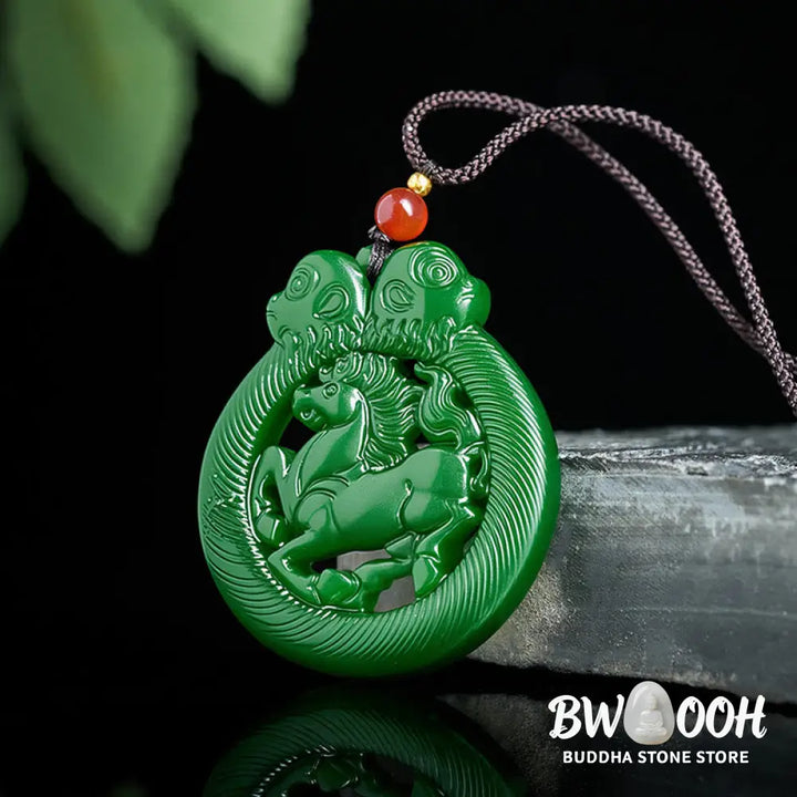 Buddha Stones Year Of The Horse Jade Prosperity Hollow Necklace Pendants - BWOOOH - Jade - Necklaces &amp; Pendants