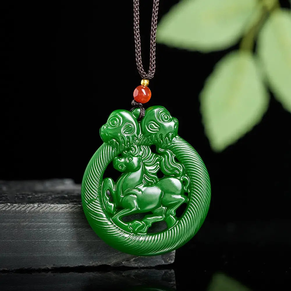 Buddha Stones Year Of The Horse Jade Prosperity Hollow Necklace Pendants - BWOOOH - Jade - Necklaces & Pendants