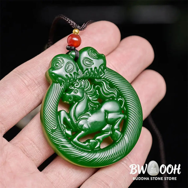 Buddha Stones Year Of The Horse Jade Prosperity Hollow Necklace Pendants - BWOOOH - Jade - Necklaces &amp; Pendants