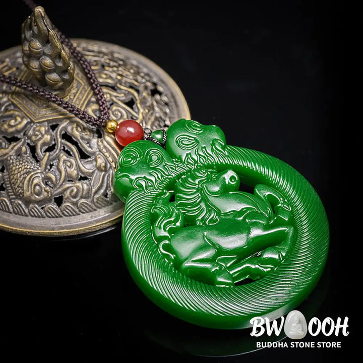Buddha Stones Year Of The Horse Jade Prosperity Hollow Necklace Pendants - BWOOOH - Jade - Necklaces &amp; Pendants