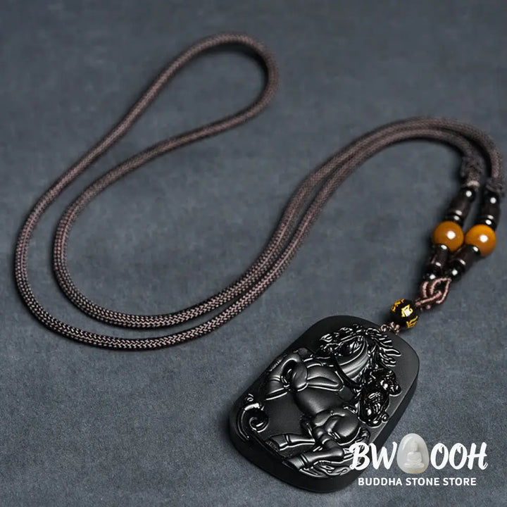 Buddha Stones Year of the Horse Monkey Design Black Obsidian Purification Necklace Pendant - BWOOOH - Necklaces &amp;