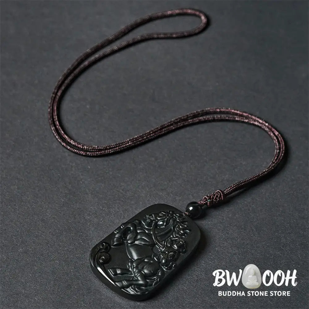 Buddha Stones Year of the Horse Monkey Design Black Obsidian Purification Necklace Pendant - BWOOOH - Necklaces &amp;