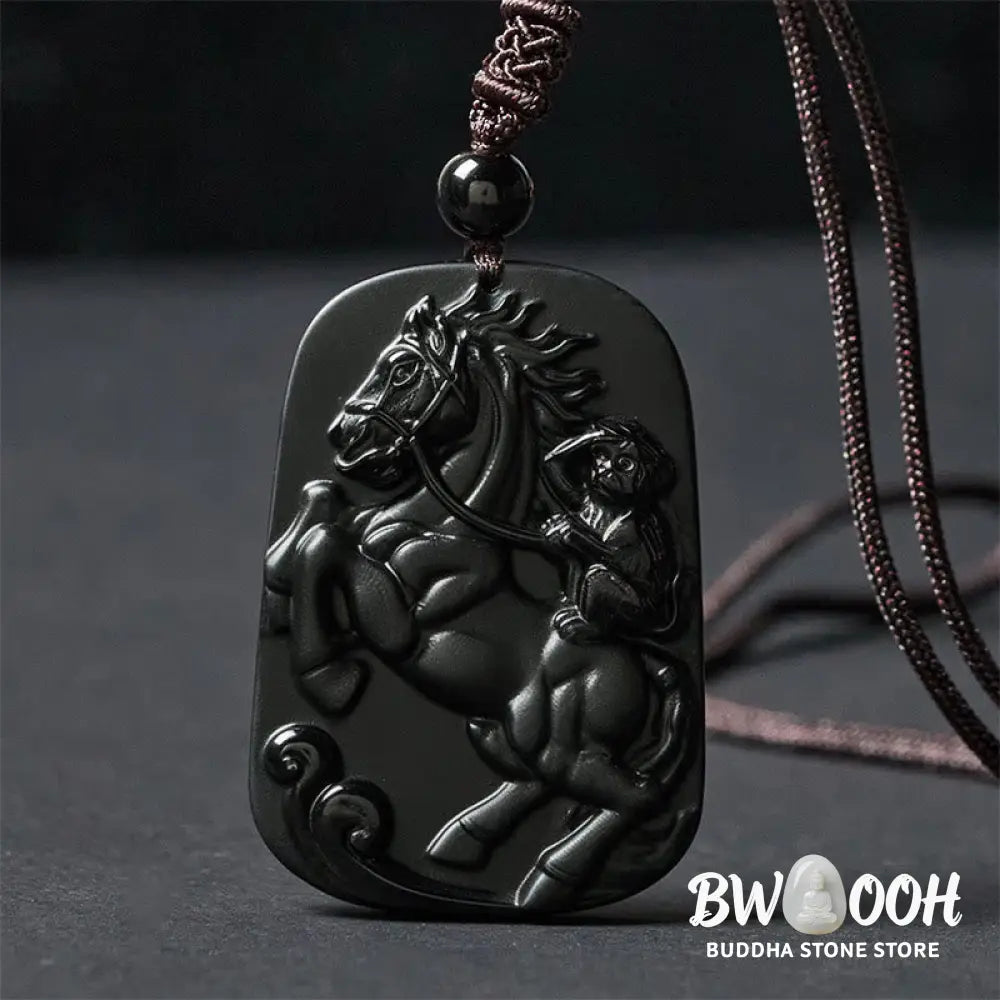 Buddha Stones Year of the Horse Monkey Design Black Obsidian Purification Necklace Pendant - BWOOOH - Necklaces &amp;