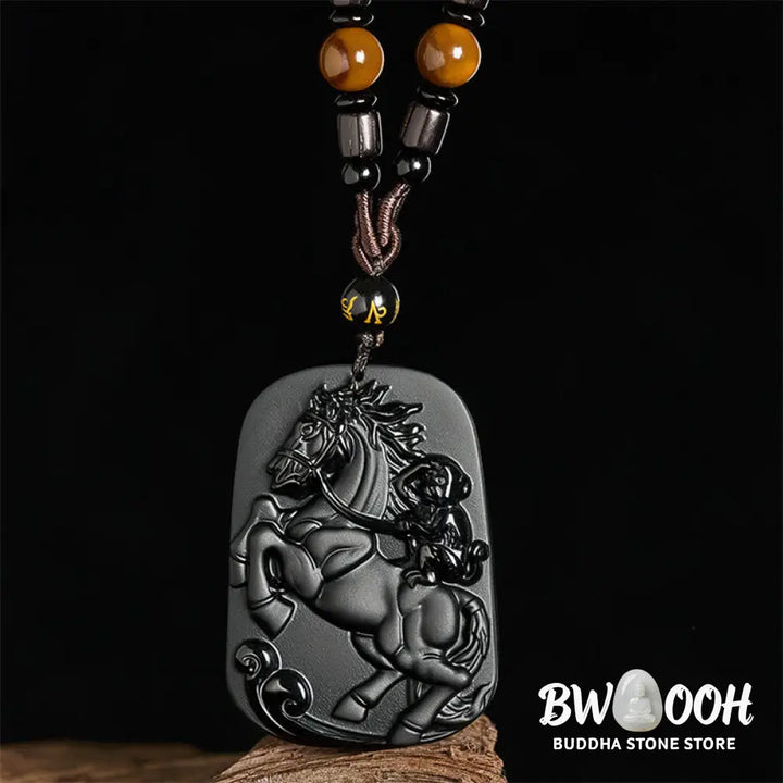 Buddha Stones Year of the Horse Monkey Design Black Obsidian Purification Necklace Pendant - BWOOOH - Necklaces &amp;