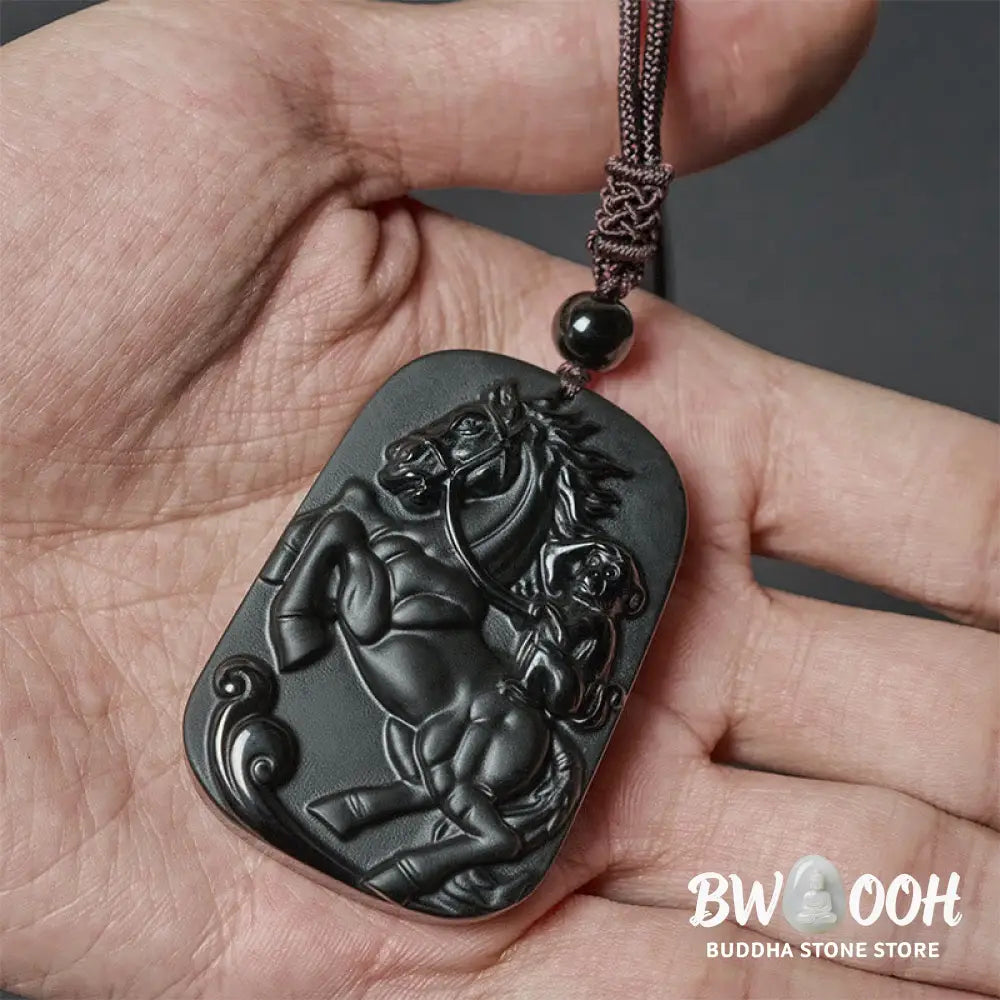Buddha Stones Year of the Horse Monkey Design Black Obsidian Purification Necklace Pendant - BWOOOH - Necklaces &amp;