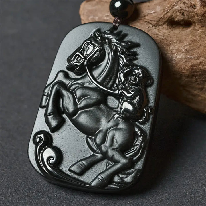 Buddha Stones Year of the Horse Monkey Pattern Om Mani Padme Hum Black Obsidian Strength Necklace Pendant - BWOOOH