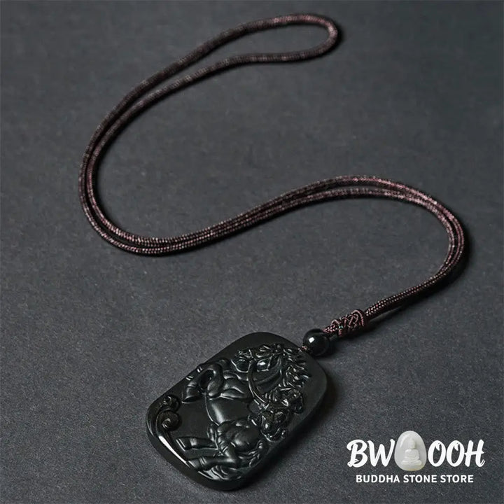 Buddha Stones Year of the Horse Monkey Pattern Om Mani Padme Hum Black Obsidian Strength Necklace Pendant - BWOOOH
