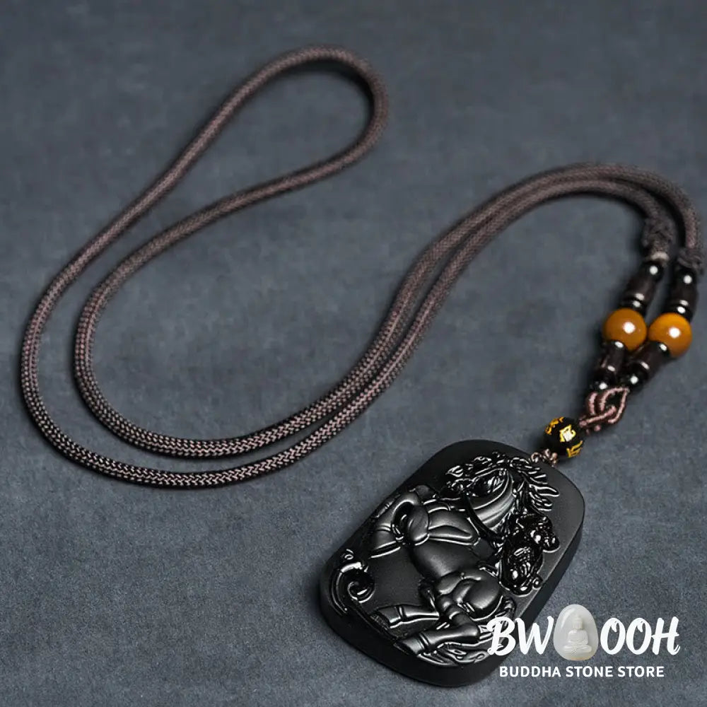 Buddha Stones Year of the Horse Monkey Pattern Om Mani Padme Hum Black Obsidian Strength Necklace Pendant - BWOOOH
