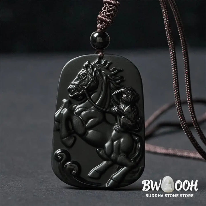 Buddha Stones Year of the Horse Monkey Pattern Om Mani Padme Hum Black Obsidian Strength Necklace Pendant - BWOOOH