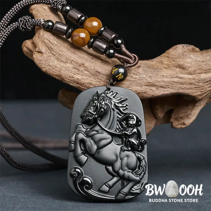 Buddha Stones Year of the Horse Monkey Pattern Om Mani Padme Hum Black Obsidian Strength Necklace Pendant - BWOOOH