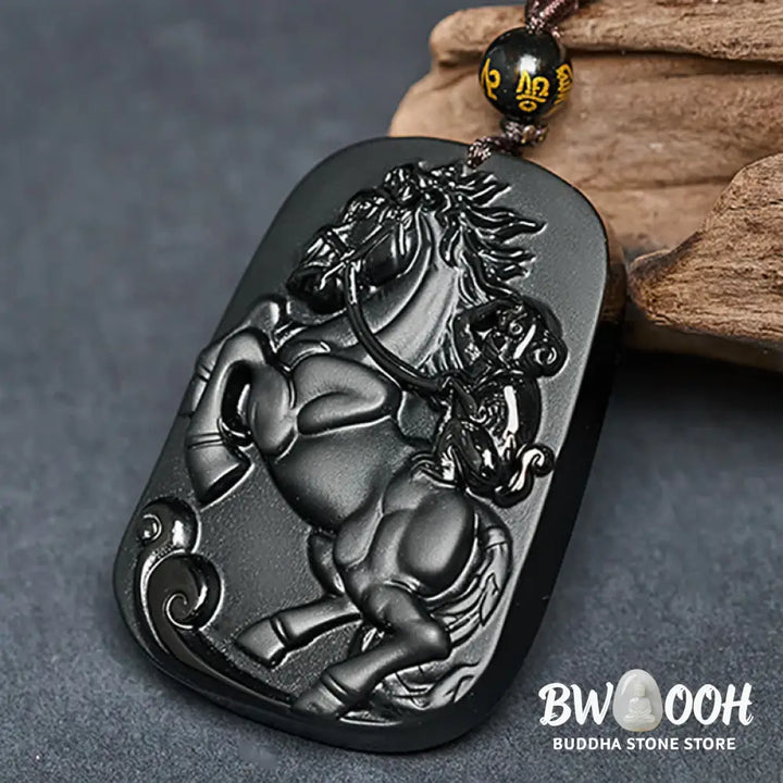 Buddha Stones Year of the Horse Monkey Pattern Om Mani Padme Hum Black Obsidian Strength Necklace Pendant - BWOOOH