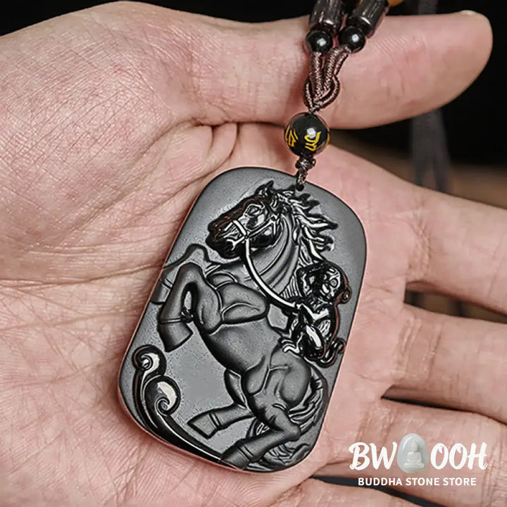 Buddha Stones Year of the Horse Monkey Pattern Om Mani Padme Hum Black Obsidian Strength Necklace Pendant - BWOOOH