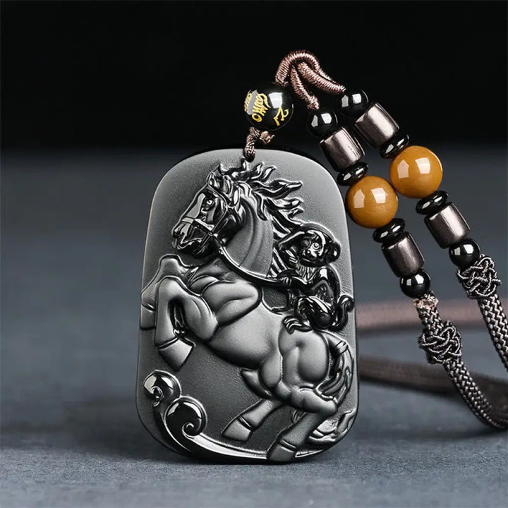 Buddha Stones Year of the Horse Monkey Pattern Om Mani Padme Hum Black Obsidian Strength Necklace Pendant - BWOOOH
