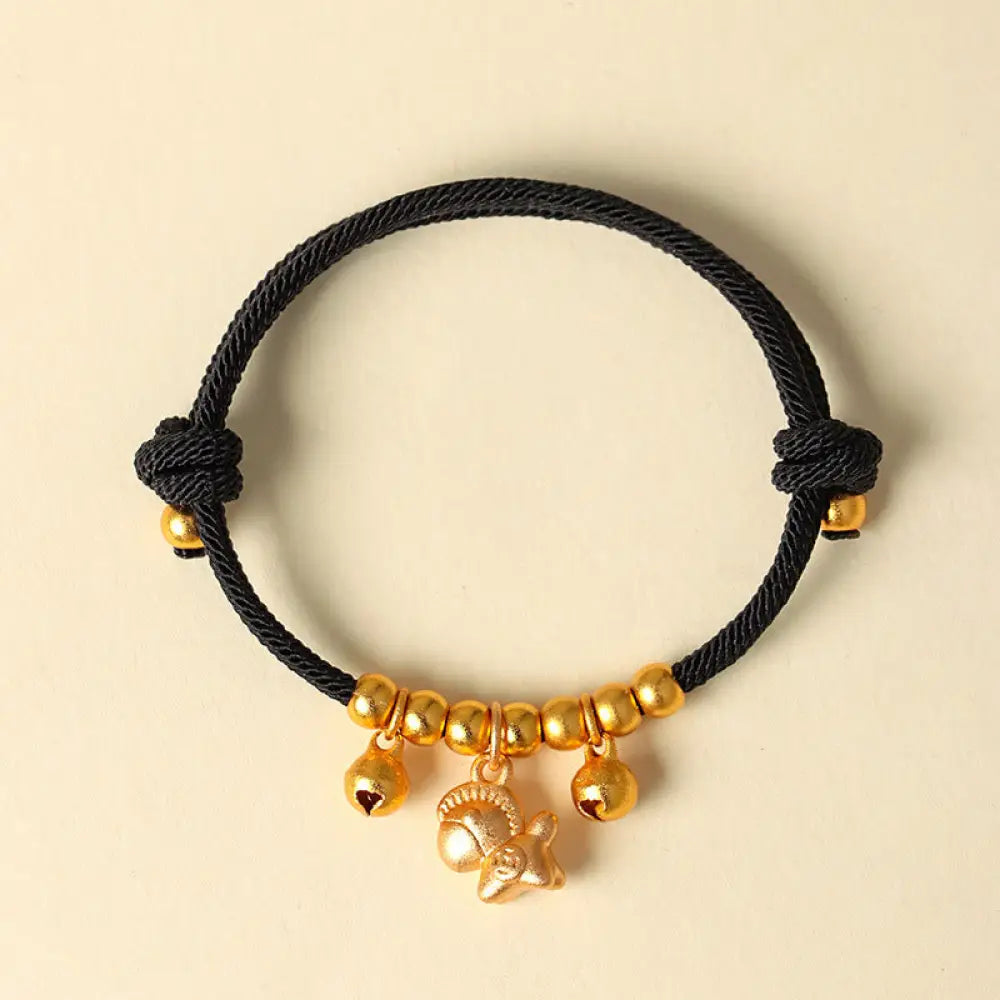 Buddha Stones Year Of The Horse Multiple Horse Styles Rope Luck Strength Adjustable Bracelet - Gold Horse Black Rope