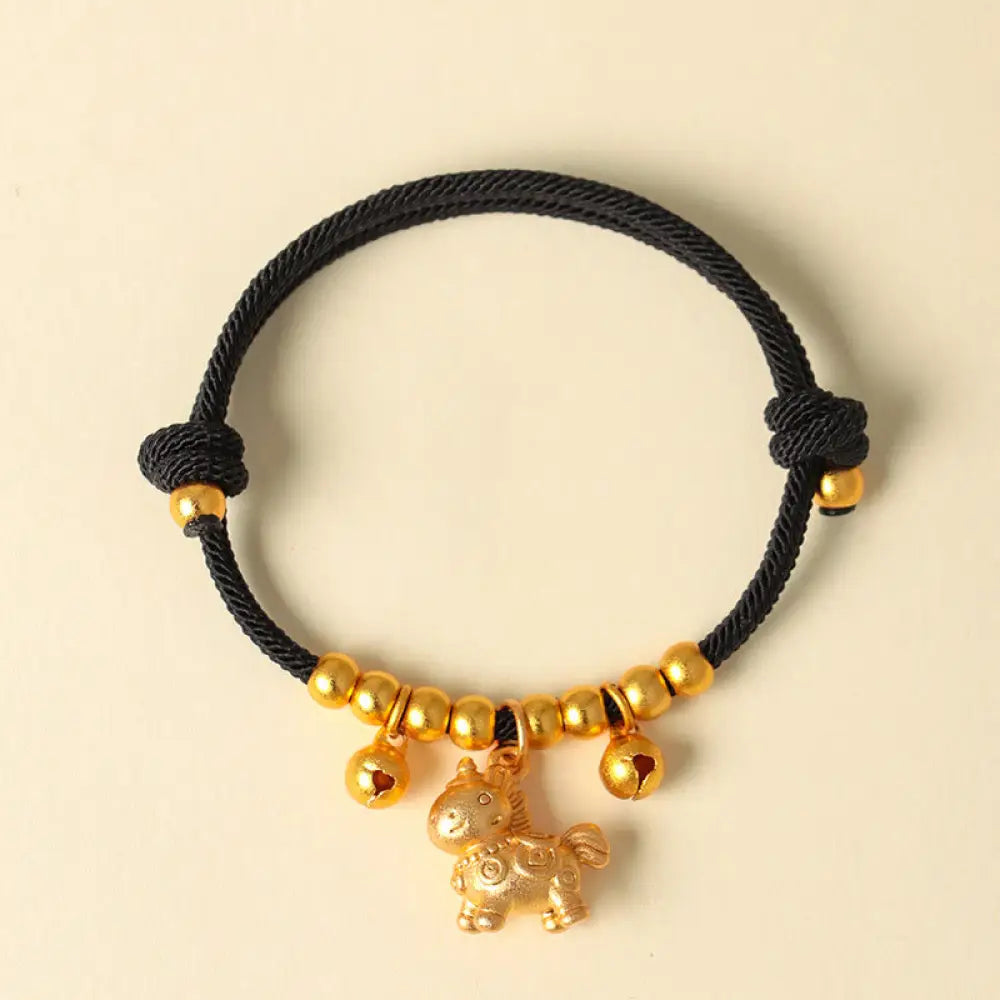 Buddha Stones Year Of The Horse Multiple Horse Styles Rope Luck Strength Adjustable Bracelet - Gold Horned Horse Black