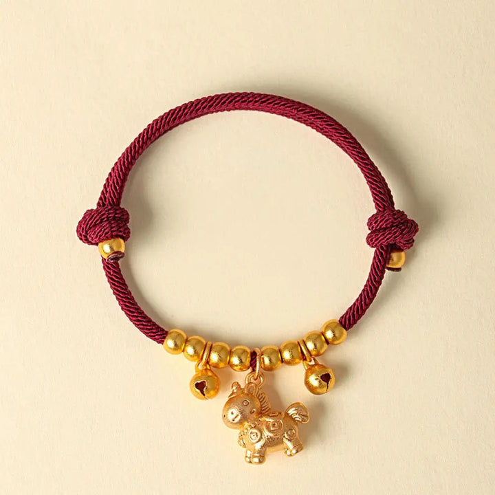 Buddha Stones Year Of The Horse Multiple Horse Styles Rope Luck Strength Adjustable Bracelet - Gold Horned Horse Red