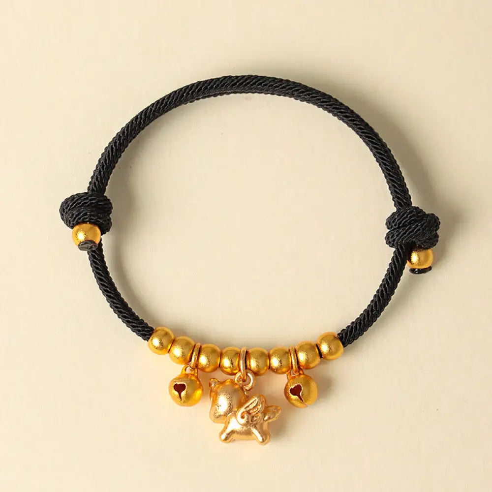 Buddha Stones Year Of The Horse Multiple Horse Styles Rope Luck Strength Adjustable Bracelet - Gold Winged Horse Black