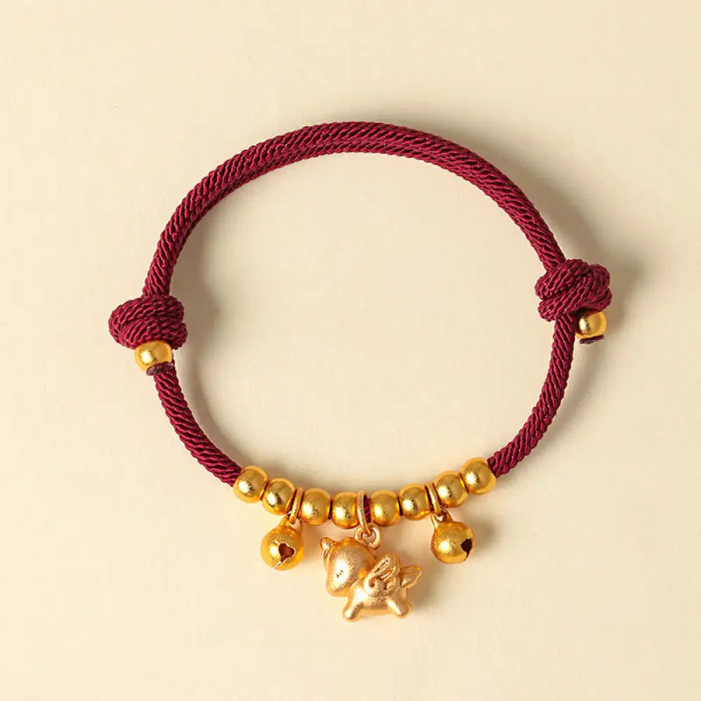 Buddha Stones Year Of The Horse Multiple Horse Styles Rope Luck Strength Adjustable Bracelet - Gold Winged Horse Red