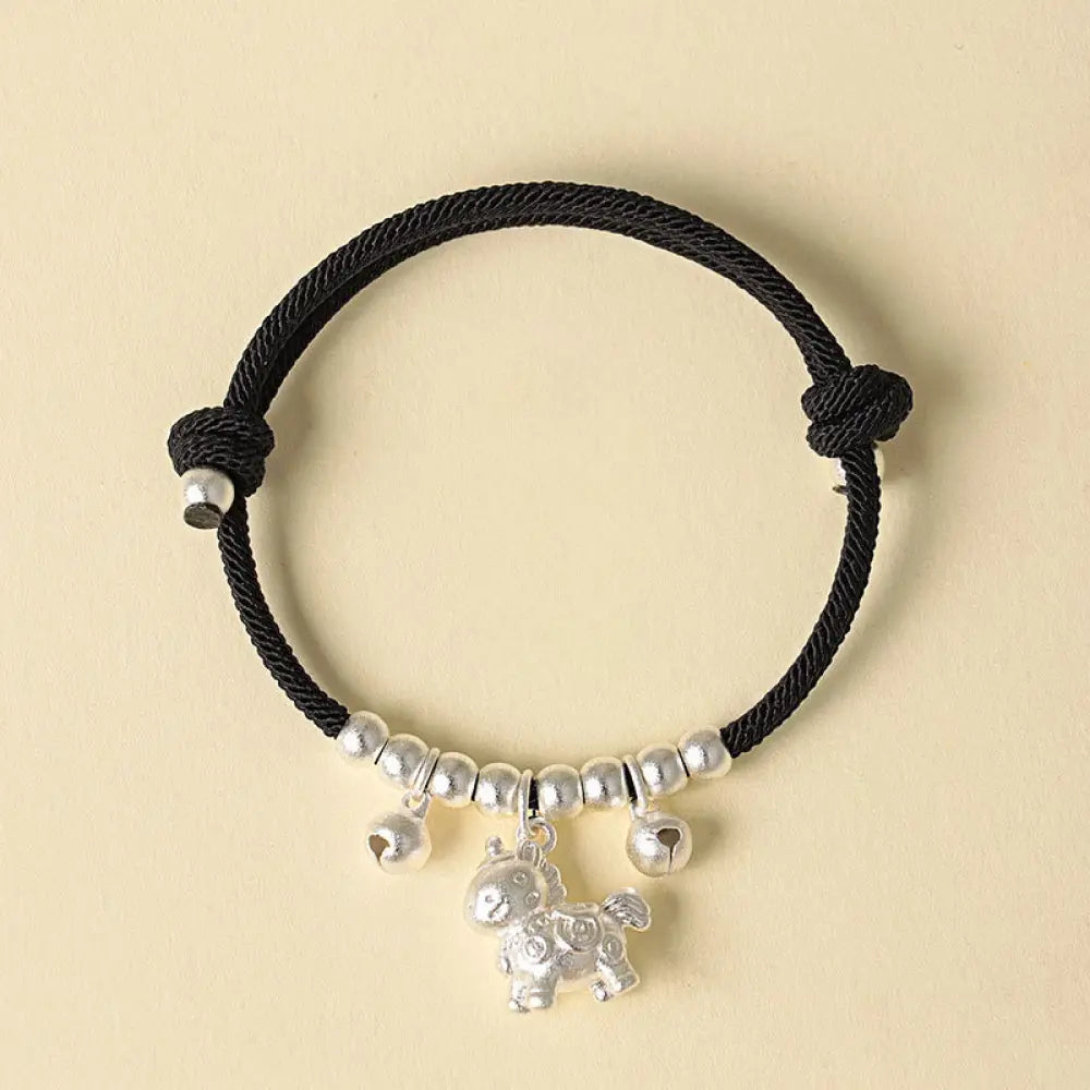 Buddha Stones Year Of The Horse Multiple Horse Styles Rope Luck Strength Adjustable Bracelet - Silver Horned Horse
