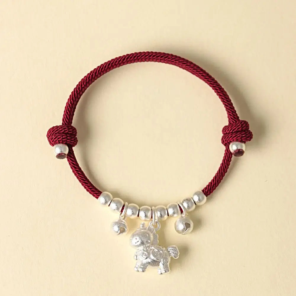 Buddha Stones Year Of The Horse Multiple Horse Styles Rope Luck Strength Adjustable Bracelet - Silver Horned Horse Red